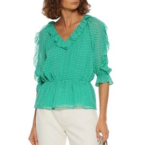 Joie Zaida Ruffle Silk Turquoise Green Pattern Top